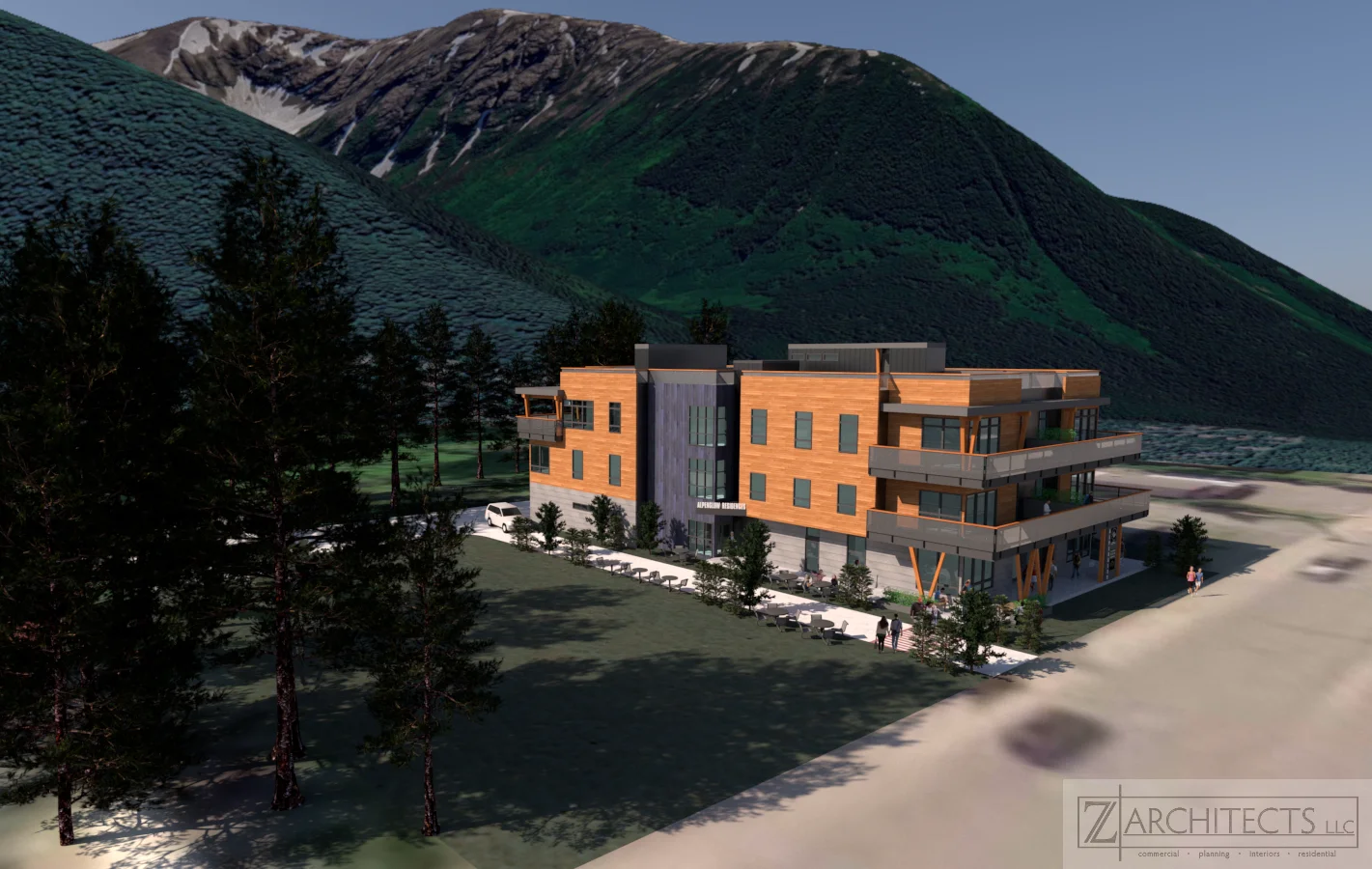 Evening Alpenglow — A current Z Architects project in Girdwood — a contemporary residence designed to capture the iconic alpenglow light that bathes the Chugach peaks in warm color at dawn and dusk.